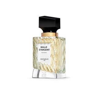Anomalia Paris Balle d’Argent 70 ml Eau de Parfum Concentré. Design elegante del flacone trasparente con dettagli lavorati e tappo nero geometrico.