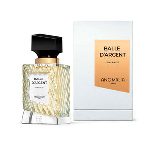 Balle d’Argent Anomalia Paris – confezione e flacone 70 ml. Profumo francese di nicchia, fragranza floreale legnosa-gourmand in cofanetto bianco e dorato.